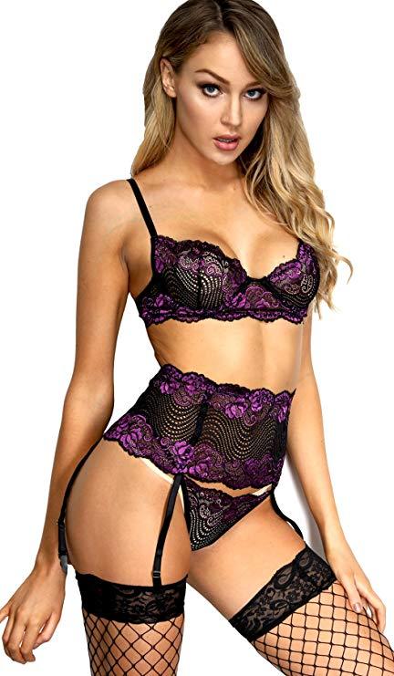 Buy Purple Lace Lingerie Set With Matching Garter Belt And Black Panties Online In Australia